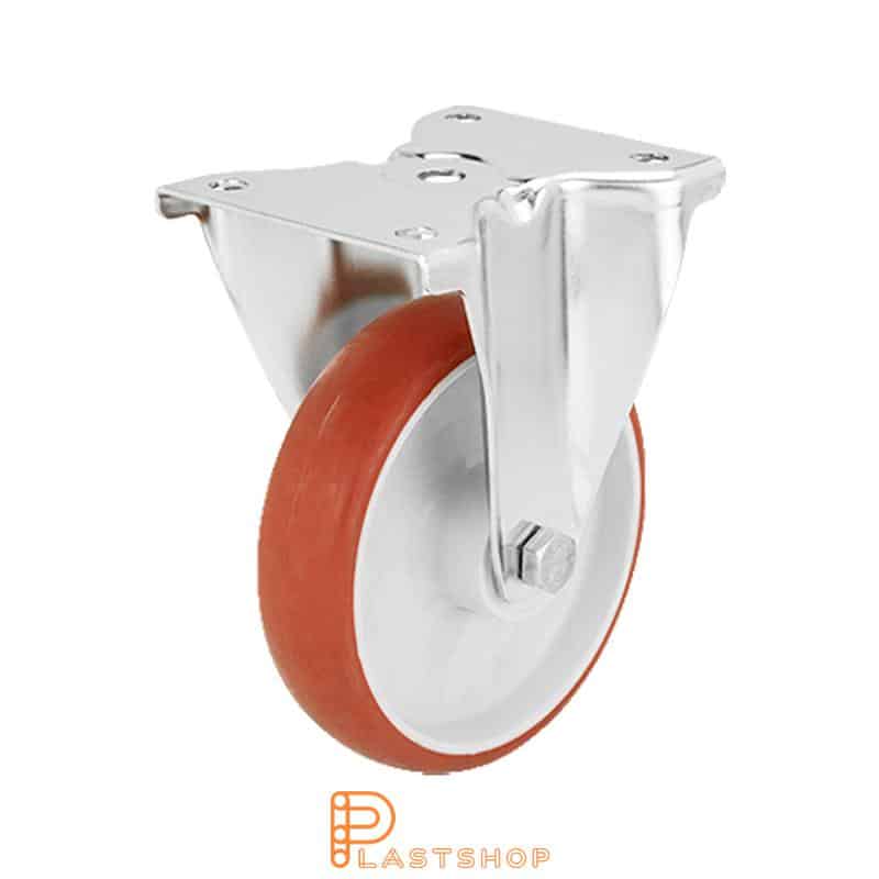 Rostfri fast bygel, platt, hjuldiameter 160 mm, byggehøyde 200 mm, nav i PA6 med myk bane i PUR i rød farge. 320 kg bæreevne, glidelager