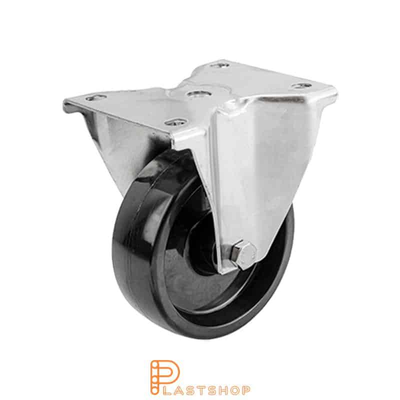 Soporte fijo inoxidable resistente al calor, plato, diámetro de la rueda 100 mm, altura de construcción 128 mm, buje en fenolplástico con banda suave en TermoGum de color negro. 120 kg de carga, cojinete deslizante