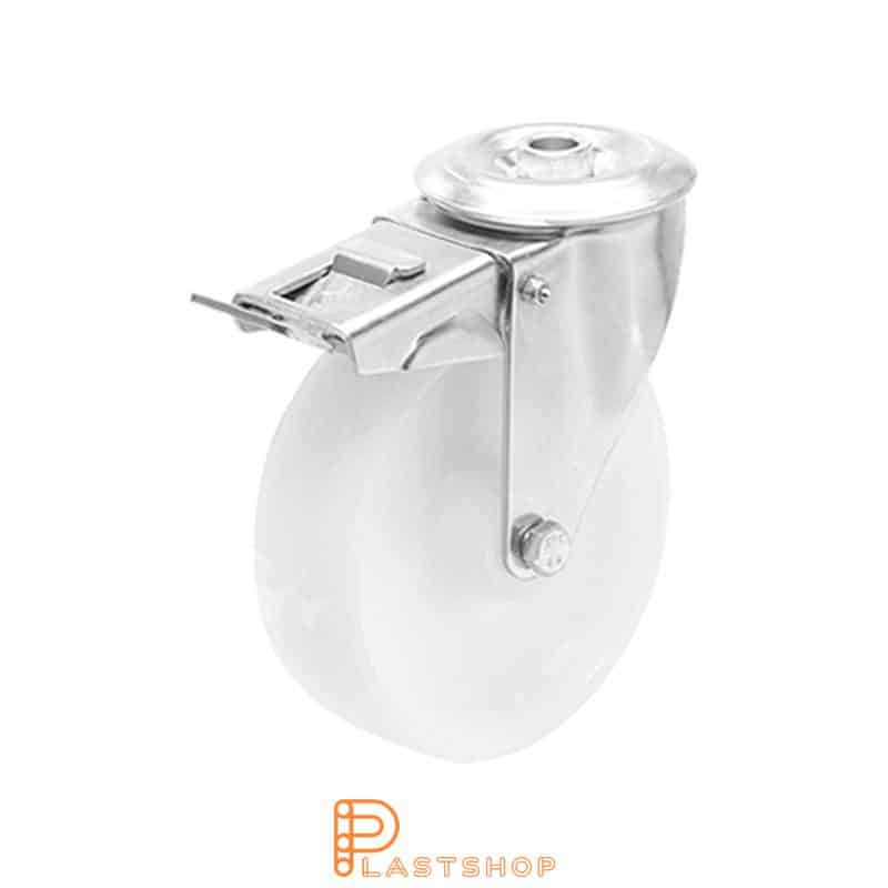 Stainless steel link wheel with brake, center hole, wheel diameter 125 mm, building height 155 mm, hard wheel in solid PA6, 180 kg load capacity, slide bearings