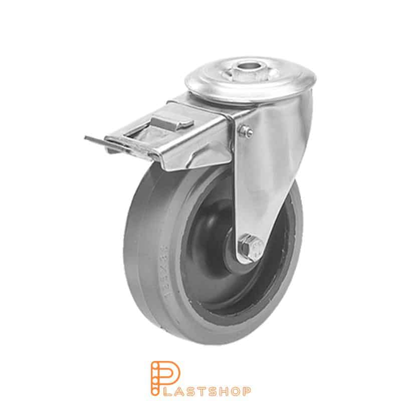 Rostfritt lenkjehjul med bremse, centrumhull, hjuldiameter 125 mm, byggehøyde 155 mm, nav i PA6 med myk bane i ElastoGum i grå farge. 200 kg bæreevne, glidelager