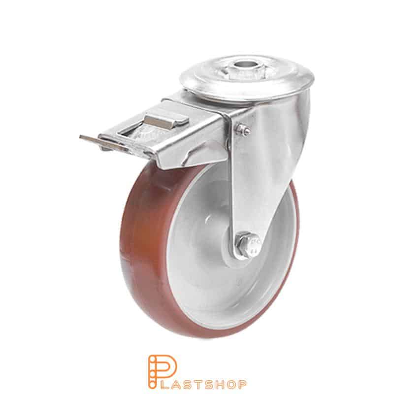 Rueda de enlace inoxidable con freno, orificio central, diámetro de la rueda 125 mm, altura de construcción 155 mm, buje en PA6 con banda suave en PUR de color rojo. 180 kg de carga, cojinete deslizante