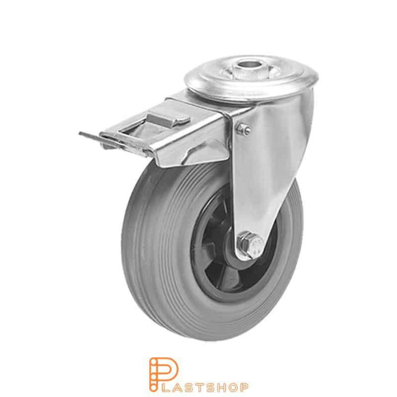 Rueda de enlace inoxidable con freno, orificio central, diámetro de la rueda 125 mm, altura de construcción 155 mm, buje en PP con banda suave en goma de color gris. 100 kg de carga, cojinete deslizante