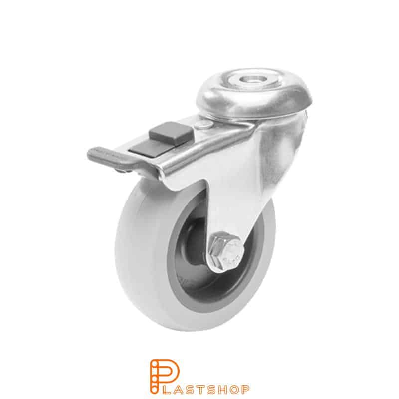 Rostfritt länkhjul med broms, centrumhål, hjuldiameter 75 mm, bygghöjd 98 mm, nav i PP med mjuk bana i TPE i grå färg. 55 kg bärighet, glidlager