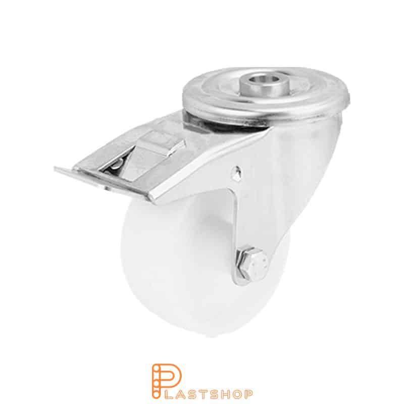 Stainless steel link wheel with brake, center hole, wheel diameter 80 mm, building height 108 mm, hard wheel in solid PA6, 150 kg load capacity, slide bearings