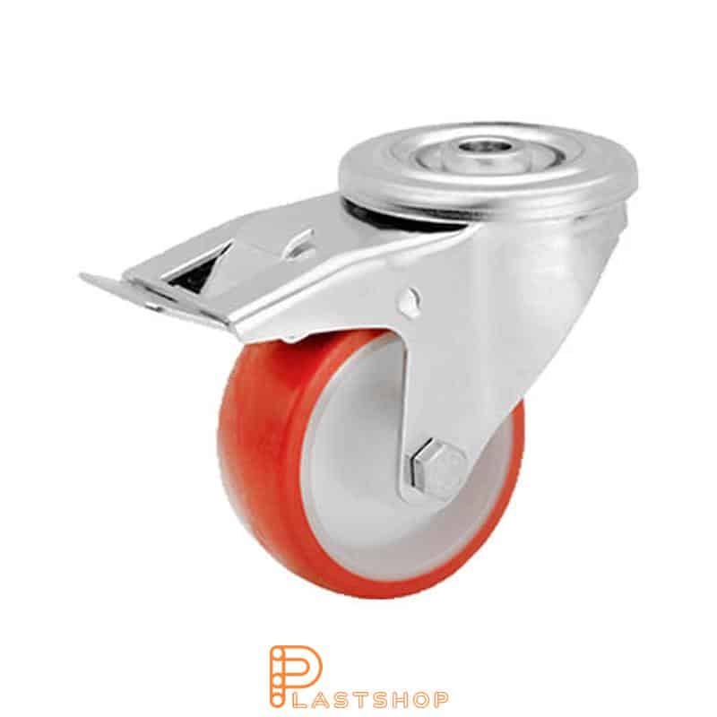Rueda de enlace inoxidable con freno, orificio central, diámetro de la rueda 80 mm, altura de construcción 108 mm, buje en PA6 con banda suave en PUR de color rojo. 120 kg de carga, cojinete deslizante