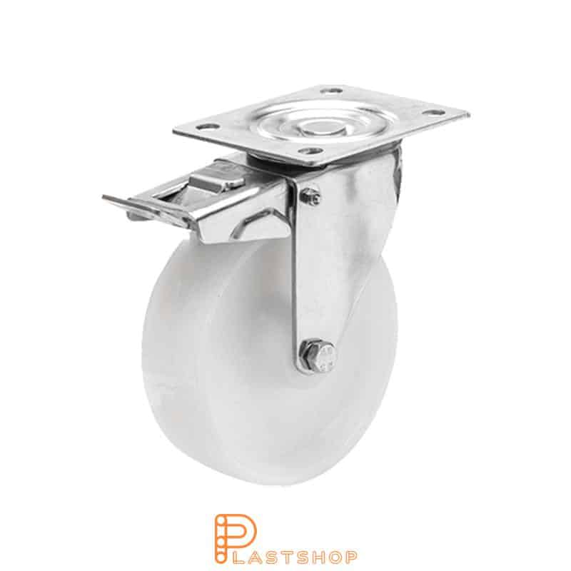 Rostfritt länkhjul med broms, platta, hjuldiameter 100 mm, bygghöjd 128 mm, hårt hjul i massiv PA6, 200 kg bärighet, glidlager