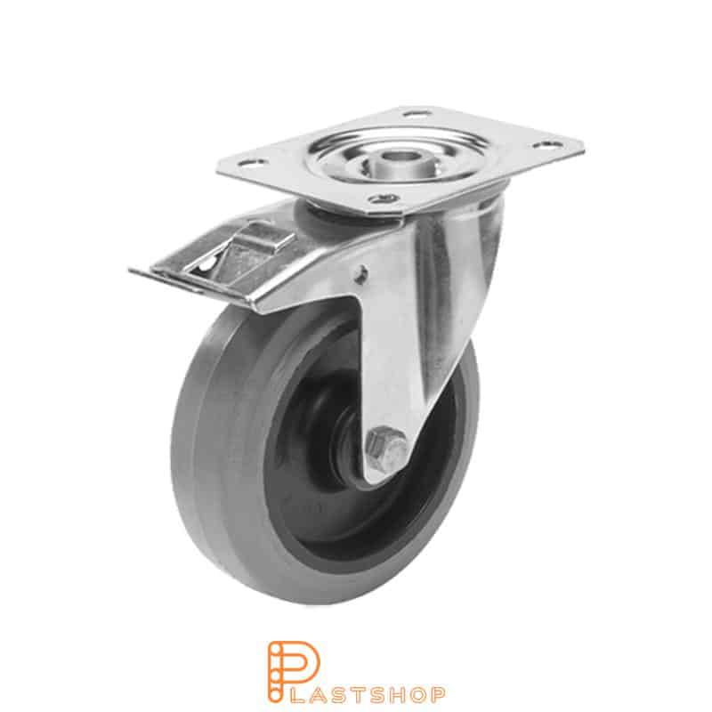 Rostfritt länkhjul med broms, platta, hjuldiameter 100 mm, bygghöjd 128 mm, nav i PA6 med mjuk bana i ElastoGum i grå färg. 150 kg bärighet, glidlager