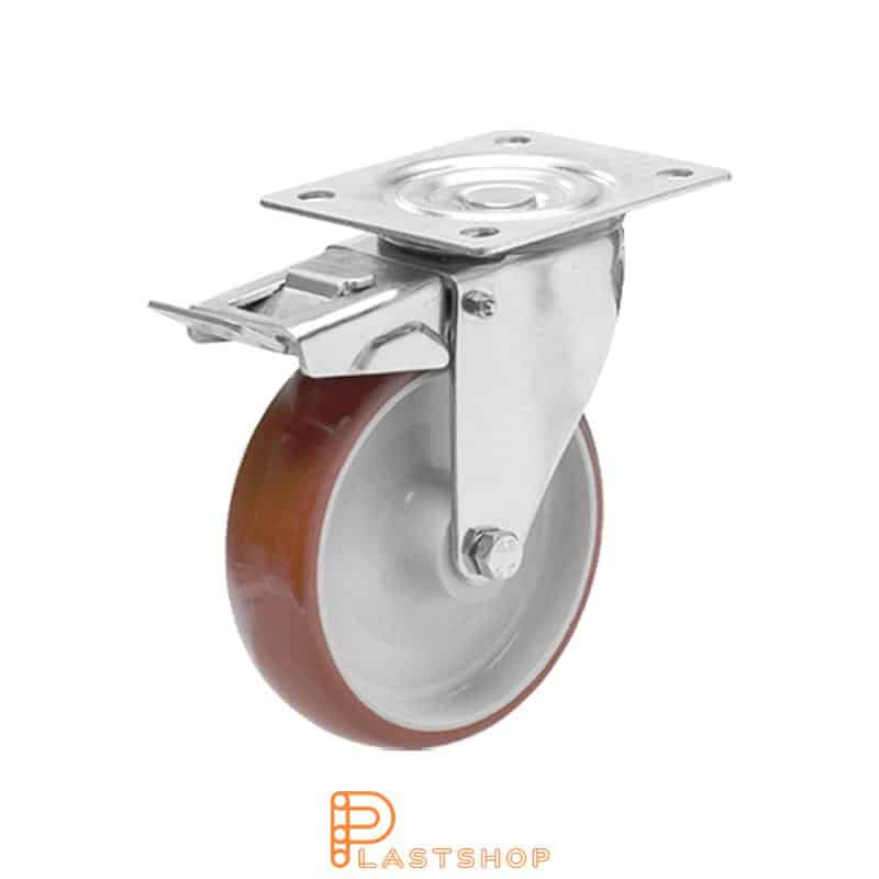 Rostfritt länkhjul med broms, platta, hjuldiameter 100 mm, bygghöjd 128 mm, nav i PA6 med mjuk bana i PUR i röd färg. 170 kg bärighet, glidlager