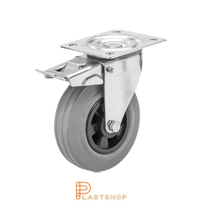 Rostfritt lenkjehjul med bremse, platt, hjuldiameter 100 mm, byggehøyde 128 mm, nav i PP med myk bane i gummi i grå farge. 70 kg bæreevne, glidelager