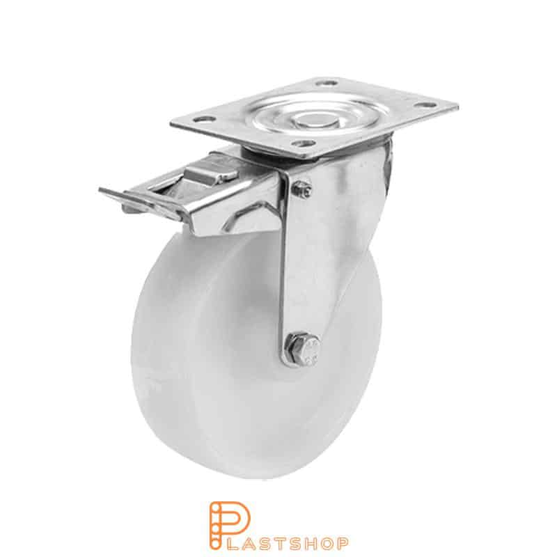 Stainless steel link wheel with brake, flat, wheel diameter 125 mm, building height 155 mm, hard wheel in solid PA6, 200 kg load capacity, slide bearings