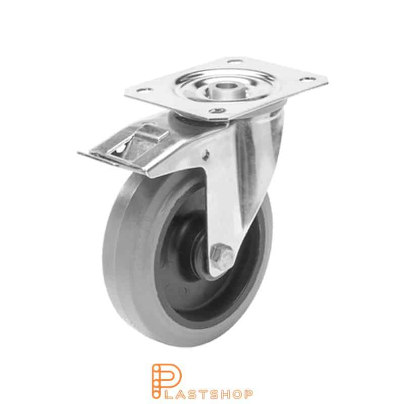 Rostfritt länkhjul med broms, platta, hjuldiameter 125 mm, bygghöjd 155 mm, nav i PA6 med mjuk bana i ElastoGum i grå färg. 200 kg bärighet, glidlager