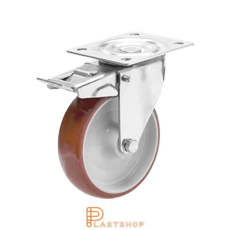 Rostfritt länkhjul med broms, platta, hjuldiameter 125 mm, bygghöjd 155 mm, nav i PA6 med mjuk bana i PUR i röd färg. 200 kg bärighet, glidlager