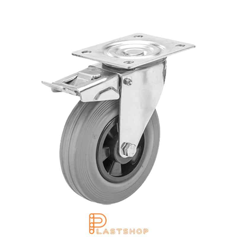 Rostfritt länkhjul med broms, platta, hjuldiameter 125 mm, bygghöjd 155 mm, nav i PP med mjuk bana i gummi i grå färg. 100 kg bärighet, glidlager