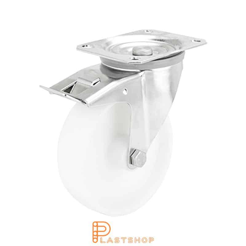 Rostfritt länkhjul med broms, platta, hjuldiameter 160 mm, bygghöjd 200 mm, hårt hjul i massiv PA6, 350 kg bärighet, glidlager