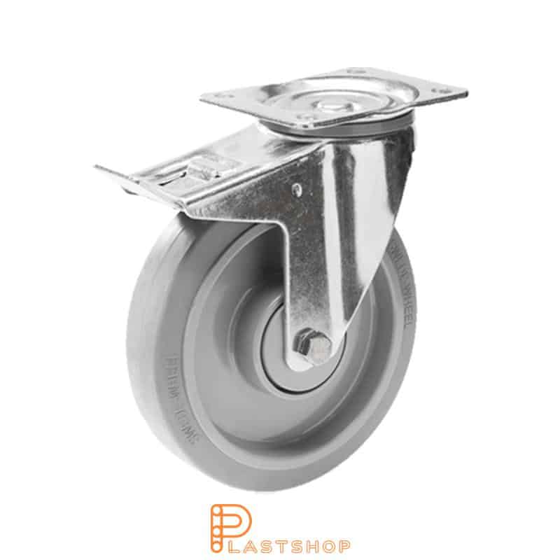 Rostfritt länkhjul med broms, platta, hjuldiameter 160 mm, bygghöjd 200 mm, nav i PA6 med mjuk bana i ElastoGum i grå färg. 350 kg bärighet, dubbla kullager