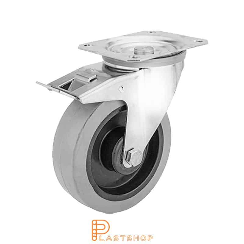 Rostfritt länkhjul med broms, platta, hjuldiameter 160 mm, bygghöjd 200 mm, nav i PA6 med mjuk bana i ElastoGum i grå färg. 350 kg bärighet, glidlager