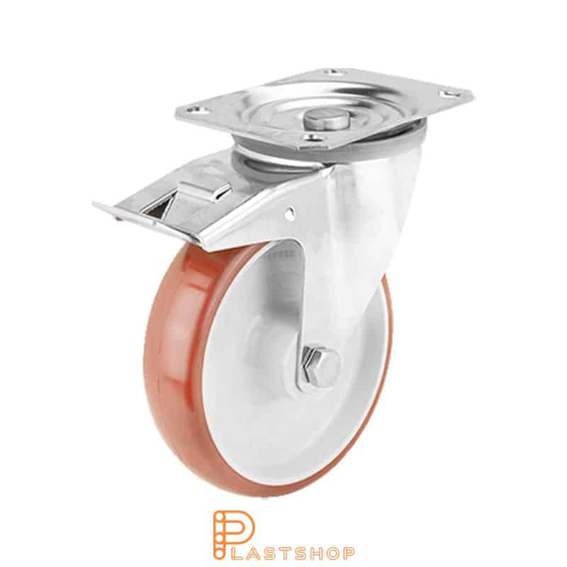 Rueda de enlace inoxidable con freno, plato, diámetro de la rueda 160 mm, altura de construcción 200 mm, buje en PA6 con banda suave en PUR de color rojo. 320 kg de carga, cojinete deslizante