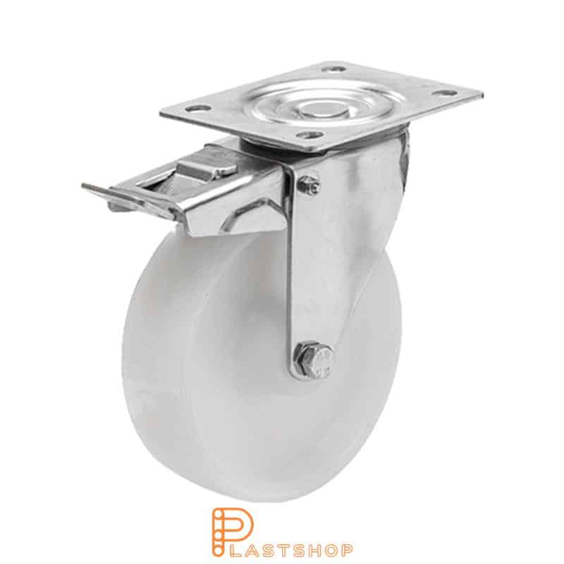 Stainless steel link wheel with brake, flat, wheel diameter 200 mm, building height 240 mm, hard wheel in solid PA6, 400 kg load capacity, slide bearings