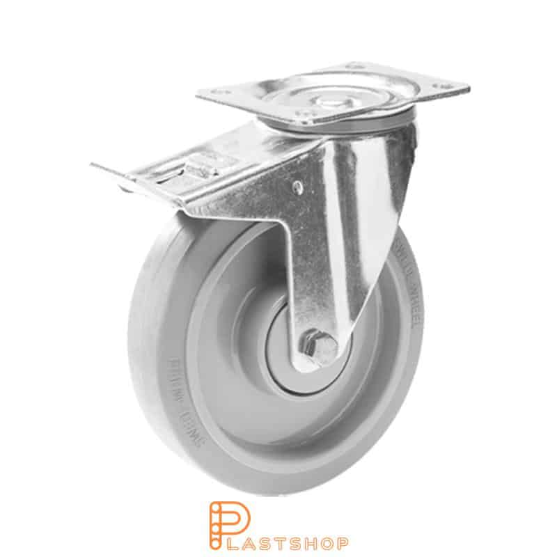 Rostfritt länkhjul med broms, platta, hjuldiameter 200 mm, bygghöjd 240 mm, nav i PA6 med mjuk bana i ElastoGum i grå färg. 350 kg bärighet, dubbla kullager