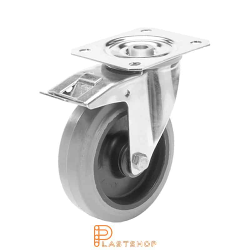 Rostfritt länkhjul med broms, platta, hjuldiameter 200 mm, bygghöjd 240 mm, nav i PA6 med mjuk bana i ElastoGum i grå färg. 400 kg bärighet, glidlager