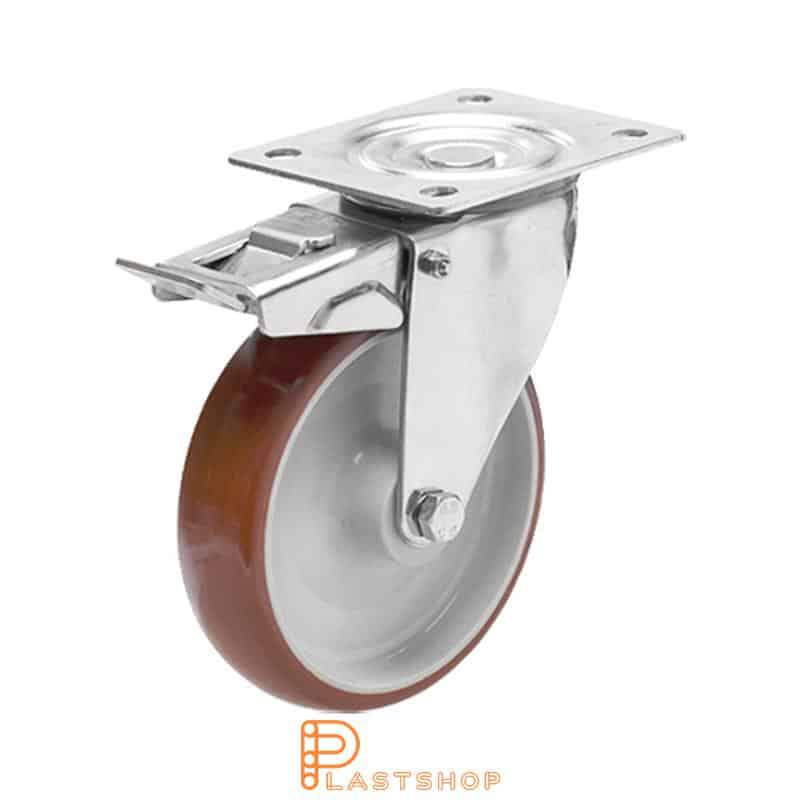 Rostumaton lienki pyörä jarrulla, laippa, pyörän halkaisija 200 mm, rakennuskorkeus 240 mm, navassa PA6 pehmeä rengas PUR: ssä punaisessa värissä. 380 kg kantavuus, liukulaakeri