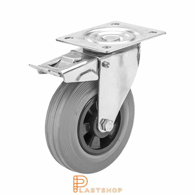 Rostfritt länkhjul med broms, platta, hjuldiameter 200 mm, bygghöjd 240 mm, nav i PP med mjuk bana i gummi i grå färg. 205 kg bärighet, glidlager