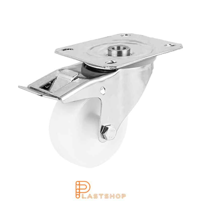 Stainless steel link wheel with brake, flat, wheel diameter 80 mm, building height 108 mm, hard wheel in solid PA6, 150 kg load capacity, slide bearings