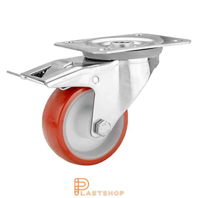 Rostfritt länkhjul med broms, platta, hjuldiameter 80 mm, bygghöjd 108 mm, nav i PA6 med mjuk bana i PUR i röd färg. 120 kg bärighet, glidlager