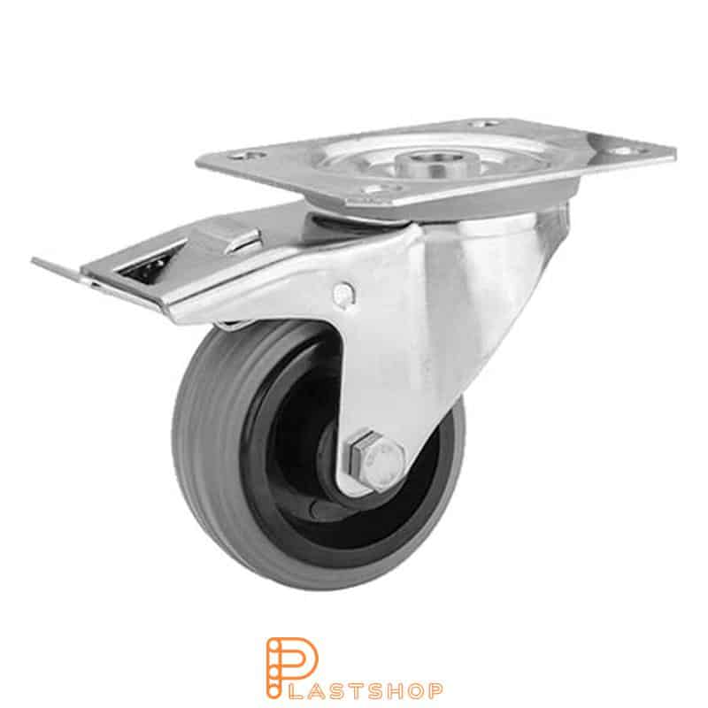 Rueda de enlace inoxidable con freno, plato, diámetro de la rueda 80 mm, altura de construcción 108 mm, buje en PP con banda suave en goma de color gris. 50 kg de carga, cojinete deslizante