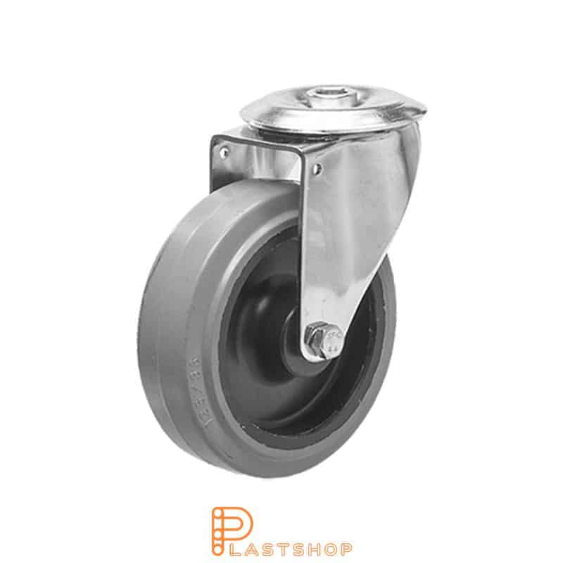 Stainless steel link wheel without brake, center hole, wheel diameter 100 mm, building height 128 mm, hub in PA6 with soft track in ElastoGum in grå. 150 kg load capacity, slide bearings