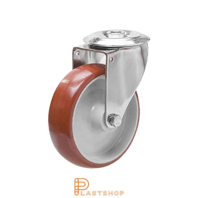Rostumaton lienki pyörä ilman jarrua, keskireikä, pyörän halkaisija 100 mm, rakennuskorkeus 128 mm, navassa PA6 pehmeä rengas PUR: ssä punaisessa värissä. 170 kg kantavuus, liukulaakeri