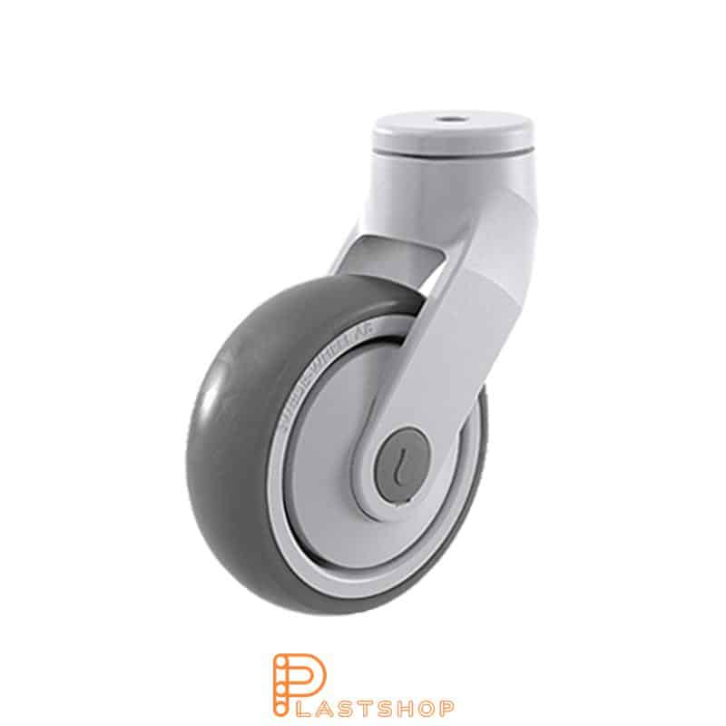 Stainless steel link wheel without brake, center hole, wheel diameter 100 mm, building height 140 mm, hub in PP with soft track in TPE in grå. 100 kg load capacity, ball bearings