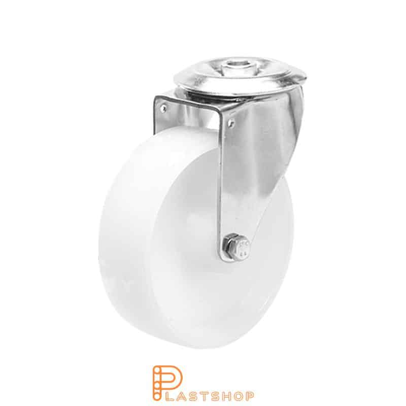 Stainless steel link wheel without brake, center hole, wheel diameter 125 mm, building height 155 mm, hard wheel in solid PA6, 180 kg load capacity, slide bearings