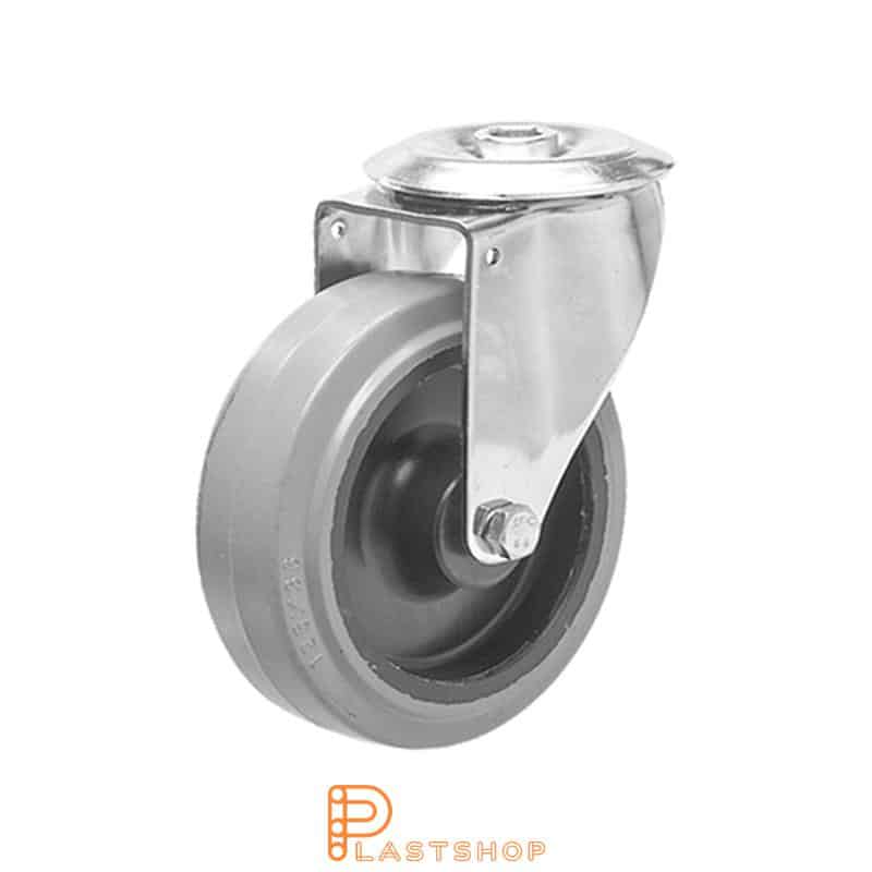 Stainless steel link wheel without brake, center hole, wheel diameter 125 mm, building height 155 mm, hub in PA6 with soft track in ElastoGum in grå. 200 kg load capacity, slide bearings