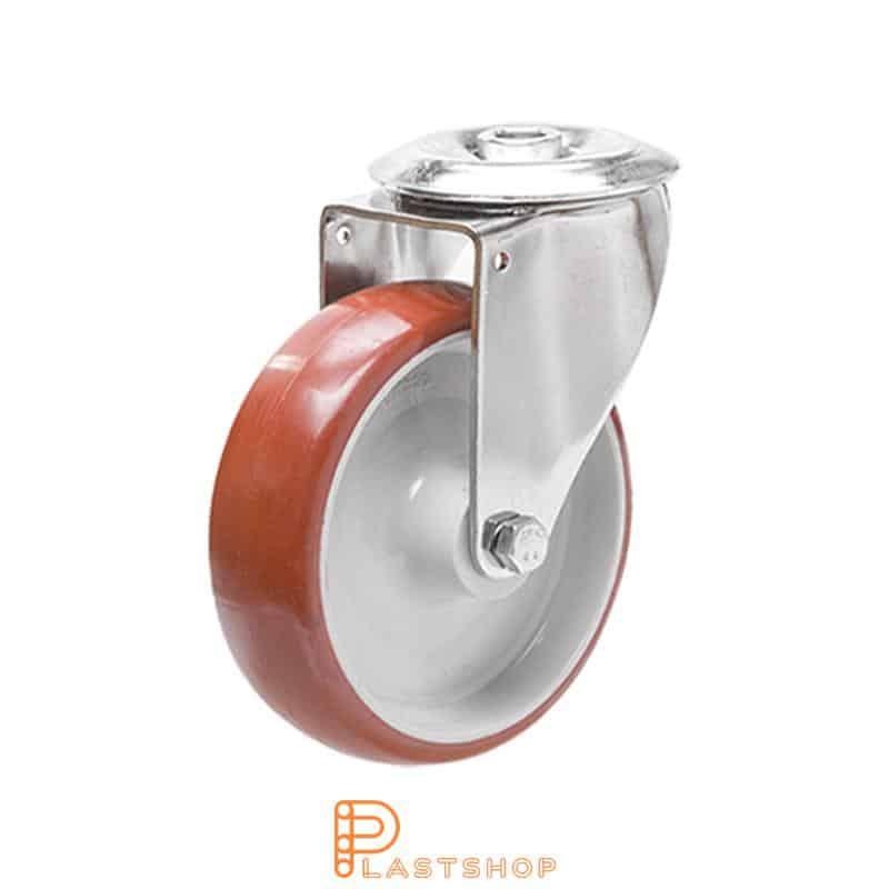 Rostfritt lenkjehjul uten bremse, centrumhull, hjuldiameter 125 mm, byggehøyde 155 mm, nav i PA6 med myk bane i PUR i rød farge. 180 kg bæreevne, glidelager