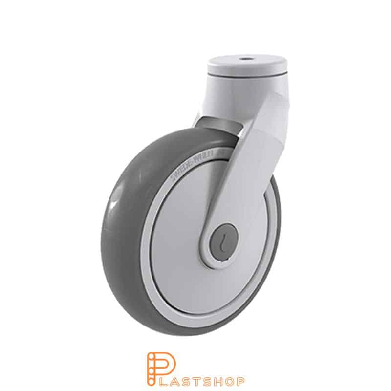 Rostumaton lienki pyörä ilman jarrua, keskireikä, pyörän halkaisija 125 mm, rakennuskorkeus 160 mm, navassa PP pehmeä rengas TPE: ssä harmaassa värissä. 100 kg kantavuus, kuulalaakeri