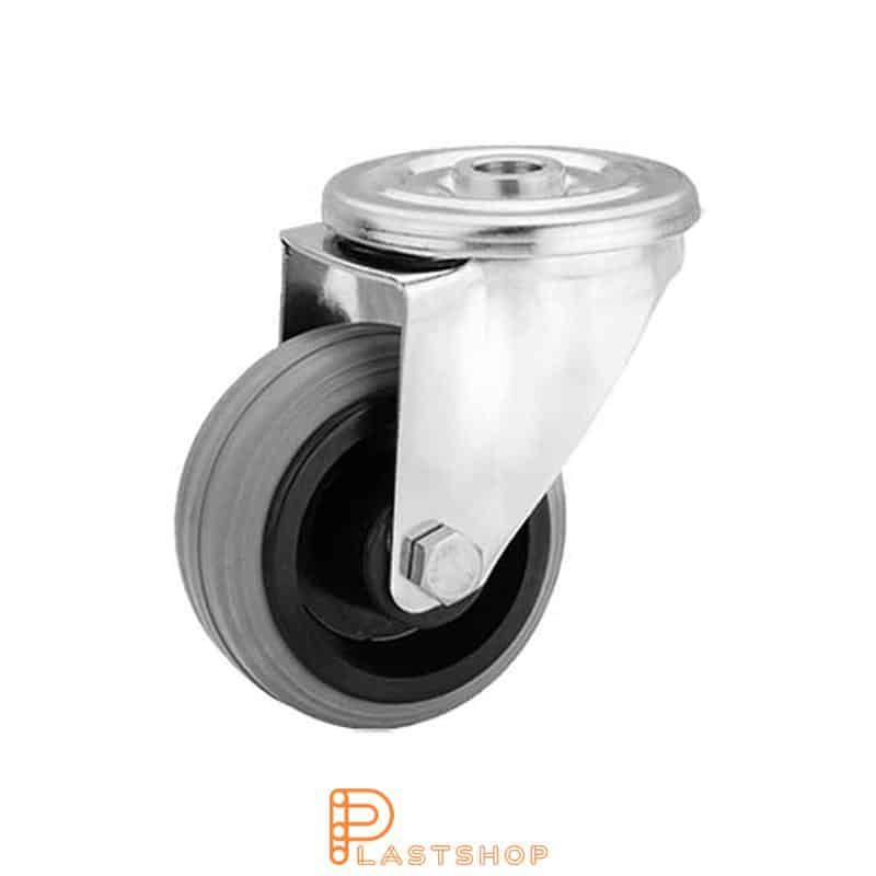 Stainless steel link wheel without brake, center hole, wheel diameter 80 mm, building height 108 mm, hub in PP with soft track in rubber in grå. 50 kg load capacity, slide bearings