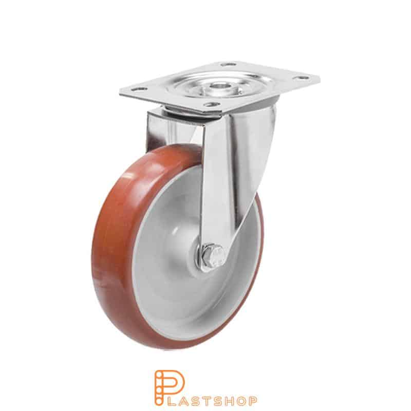Stainless steel link wheel without brake, flat, wheel diameter 100 mm, building height 128 mm, hub in PA6 with soft track in PUR in röd. 170 kg load capacity, slide bearings