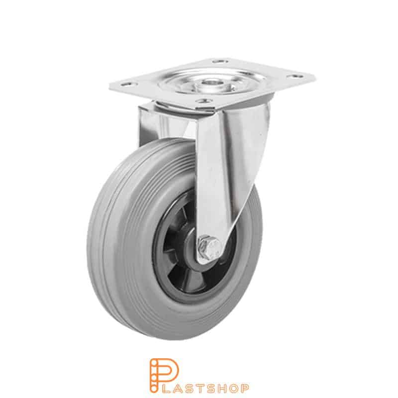 Stainless steel link wheel without brake, flat, wheel diameter 100 mm, building height 128 mm, hub in PP with soft track in rubber in gray color. 70 kg load capacity, slide bearing