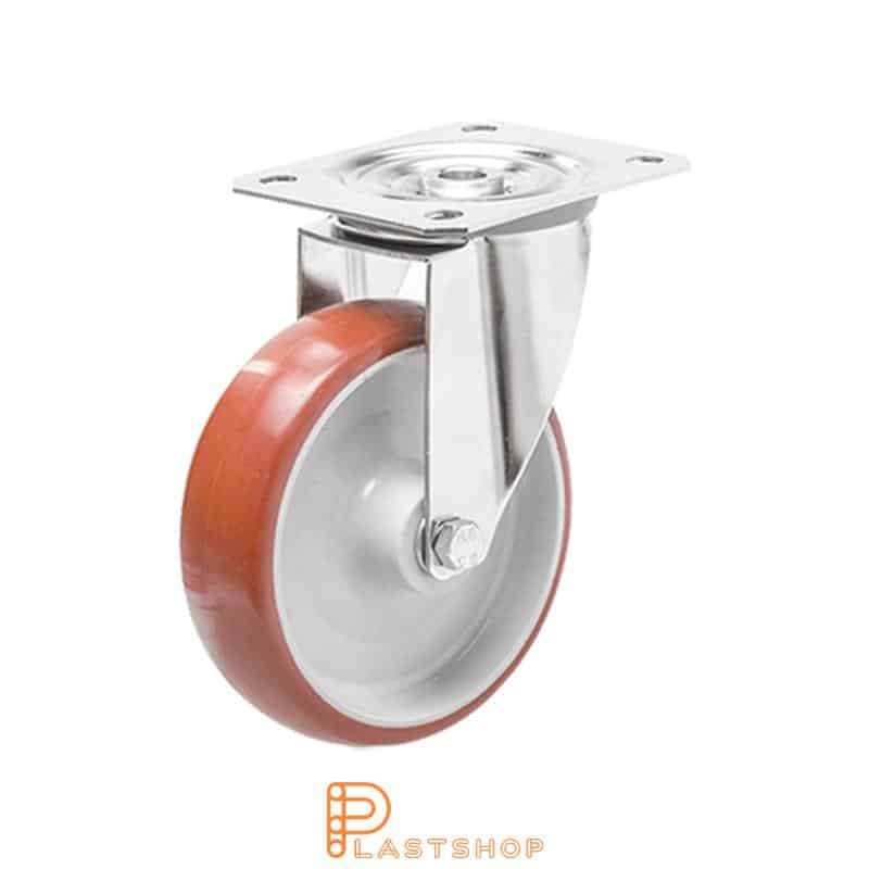 Stainless steel link wheel without brake, flat, wheel diameter 125 mm, building height 155 mm, hub in PA6 with soft track in PUR in red color. 200 kg load capacity, slide bearings