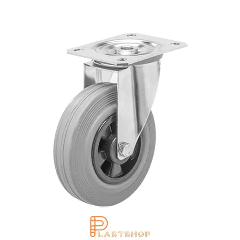 Rueda de acero inoxidable sin freno, placa, diámetro de la rueda 125 mm, altura de construcción 155 mm, eje en PP con banda suave de goma en color gris. 100 kg de carga, cojinete deslizante