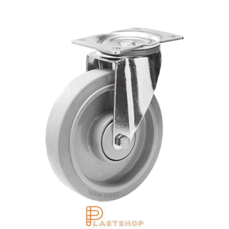 Stainless steel link wheel without brake, flat, wheel diameter 160 mm, building height 200 mm, hub in PA6 with soft track in ElastoGum in grå. 350 kg load capacity, double ball bearings