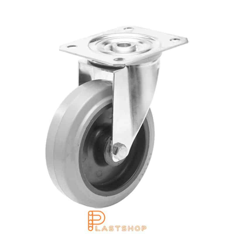 Stainless steel link wheel without brake, flat, wheel diameter 200 mm, building height 240 mm, hub in PA6 with soft track in ElastoGum in grå. 400 kg load capacity, slide bearings