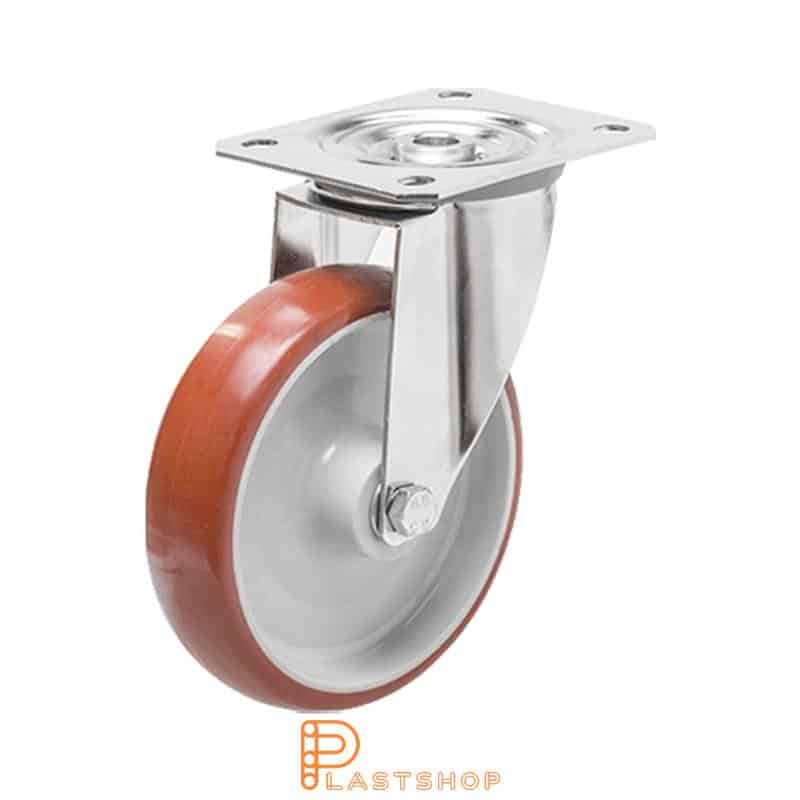 Stainless steel link wheel without brake, flat, wheel diameter 200 mm, building height 240 mm, hub in PA6 with soft track in PUR in röd. 380 kg load capacity, slide bearings