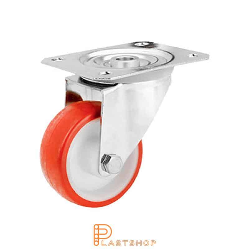Rostfritt länkhjul utan broms, platta, hjuldiameter 80 mm, bygghöjd 108 mm, nav i PA6 med mjuk bana i PUR i röd färg. 120 kg bärighet, glidlager