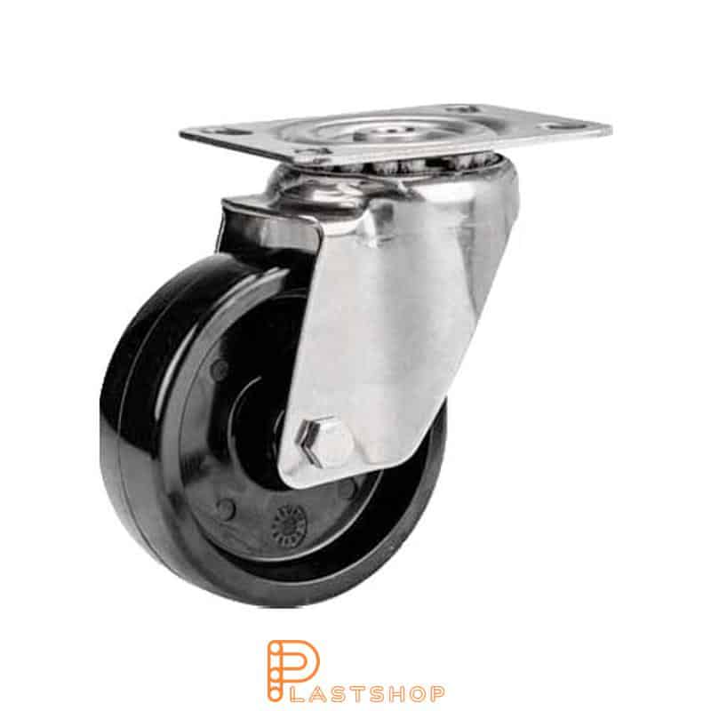 Stainless steel heat-resistant link wheel without brake, flat, wheel diameter 100 mm, building height 128 mm, hard wheel in solid phenolic, 140 kg load capacity, slide bearing