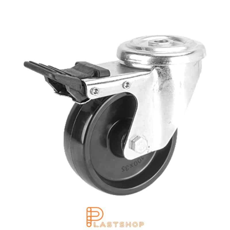 Varmebestandig länkhjul med bremse, senterhull, hjuldiameter 100 mm, byggehøyde 128 mm, hardt hjul i massiv fenolplast, 160 kg bæreevne, glidelager