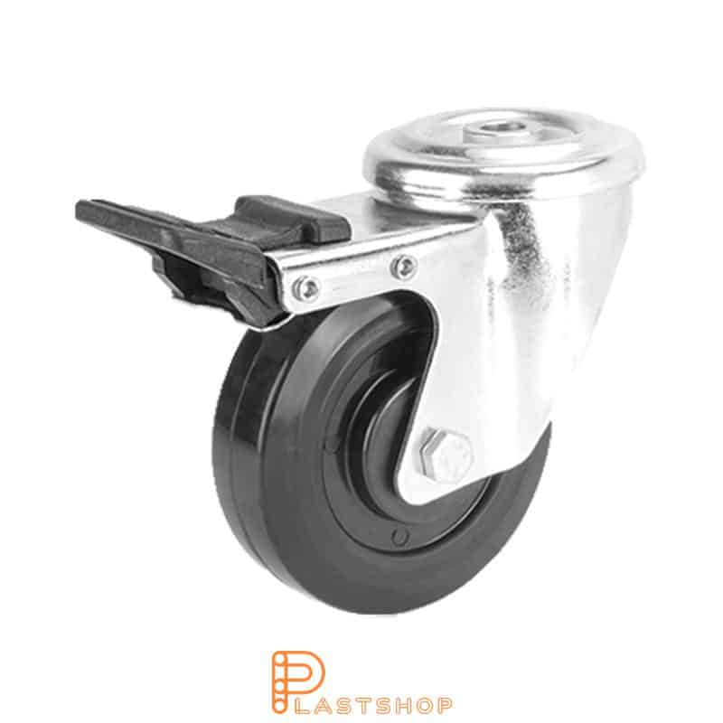 Rueda de acero inoxidable resistente al calor con freno, agujero central, diámetro de la rueda 100 mm, altura de construcción 128 mm, eje en fenolplast con banda suave en TermoGum en color negro. 120 kg de carga, cojinete deslizante