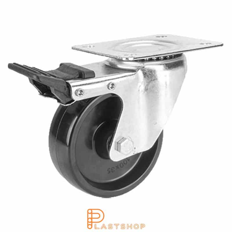 Heat-resistant link wheel with brake, flat, wheel diameter 100 mm, building height 128 mm, hard wheel in solid phenolic, 160 kg load capacity, slide bearing