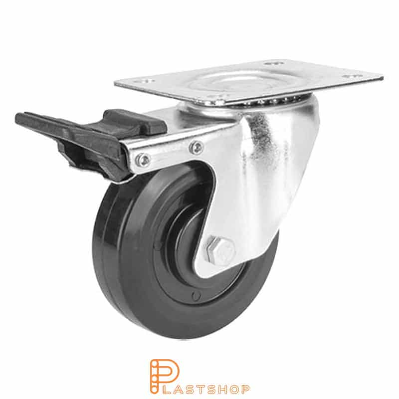 Lämpökestävä linkapyörä jarrulla, laippa, pyörimenön halkaisija 100 mm, rakennuskorkeus 128 mm, navassa fenoliplastia ja pehmeä ura TermoGumissa mustassa värissä. 120 kg kantavuus, liukulaakeri